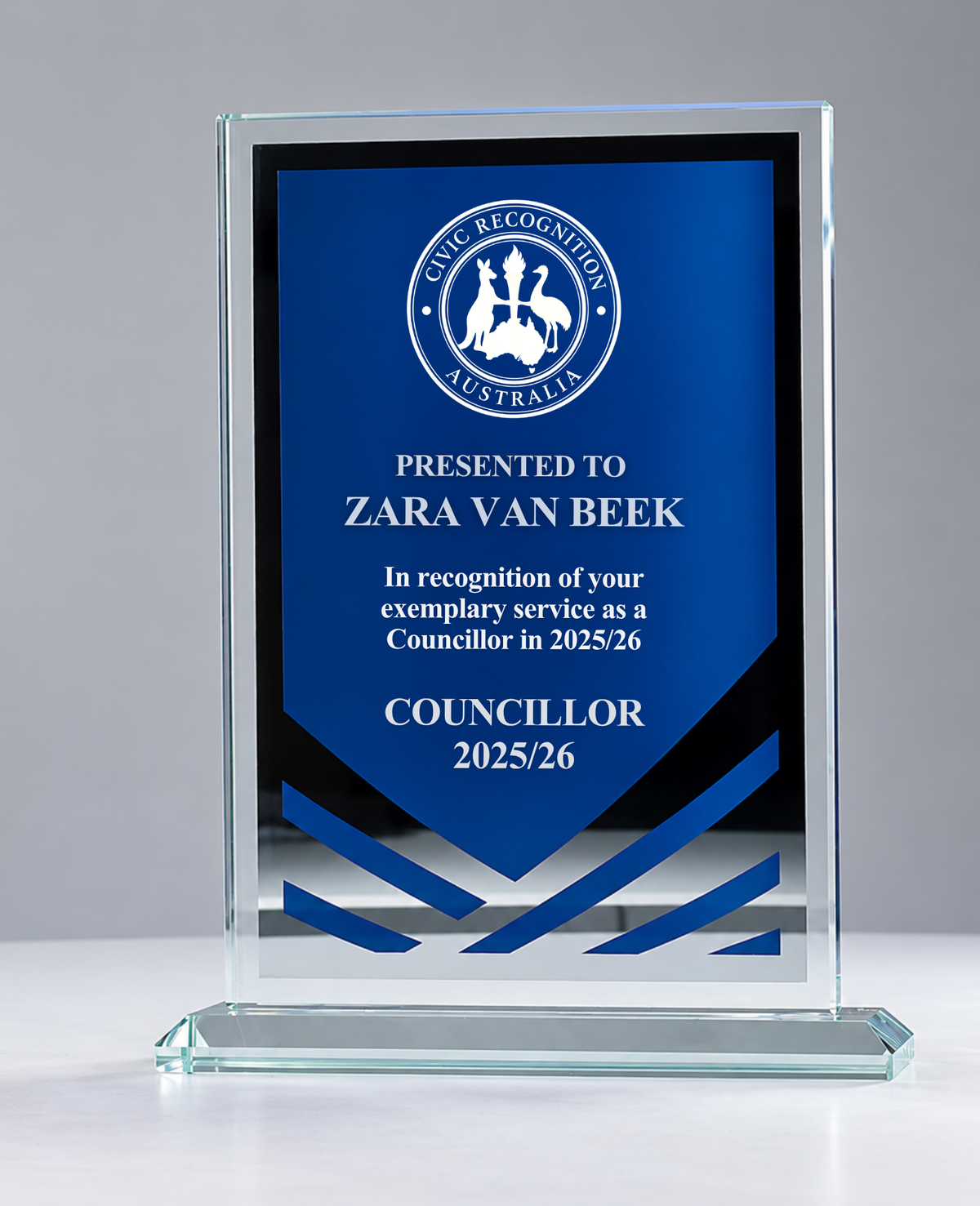 02 - Blue Mirror Glass Award with Civic Recognition crest