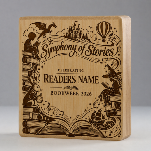 BOOK WEEK 2026 - CUSTOM NAMED LASER ENGRAVED TIMBER BOOKEND / MEMENTO