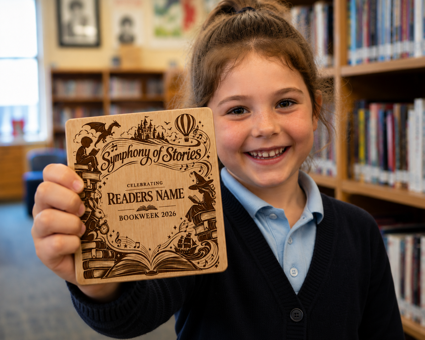 BOOK WEEK 2026 - CUSTOM NAMED LASER ENGRAVED TIMBER BOOKEND / MEMENTO