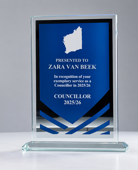 03 - Blue Mirror Glass Award with stylised Western Australia Map